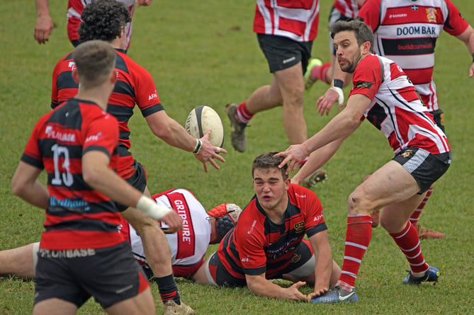 Toby Redwood gets a pass away to Mitch Fisher during Wellington's recent home match against leaders St Austell in Regional Two South West. PHOTO: Alain Lockyer.