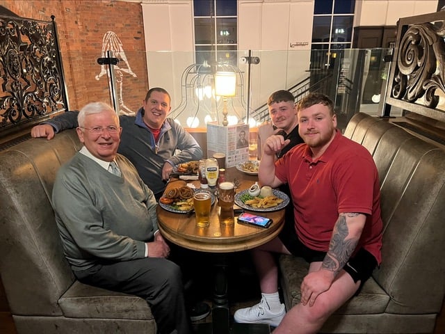 Richard is pictured (front, left) sharing the Iron Duke meal with staff from the leisure centre who helped him make the swim so successful (left to right) general manager Gary Beasley, membership consultant Owen Mercer, and duty manager Freddie Thomas.