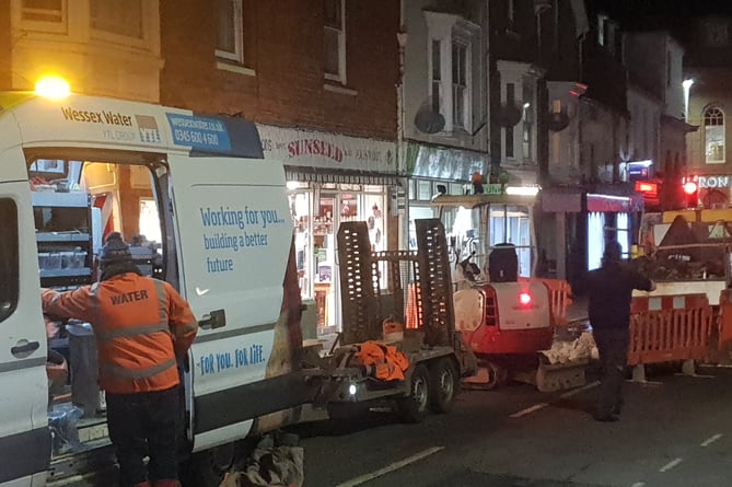 Wessex Water engineers working in South Street on Tuesday night.