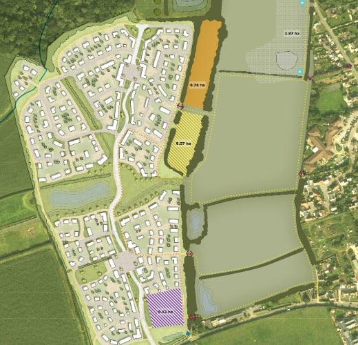 Masterplan of proposed development of 350 homes, employment units and leisure facilities on the A39 Priest Street in Williton - Thrive Architects - 031121.png