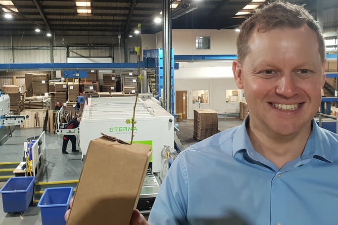 RH Fibreboard sales director Steve Gabell with one his 'tree in a box' specimens which are being used to educate schoolchildren about cardboard.
