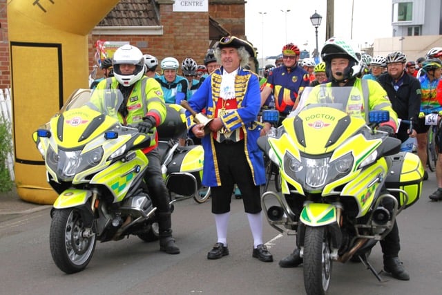 The Watchet Town Crier counted down the cyclists before they set off on the challenge