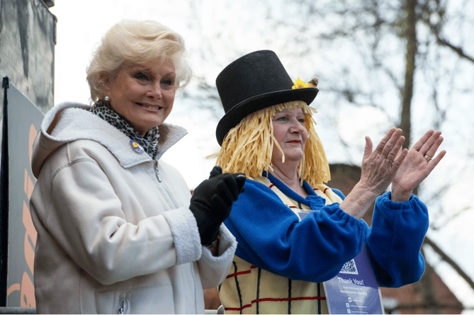 Reminiscence Learning patron Angela Rippon with charity chief executive Fiona Mahoney in 'Archie' costume.