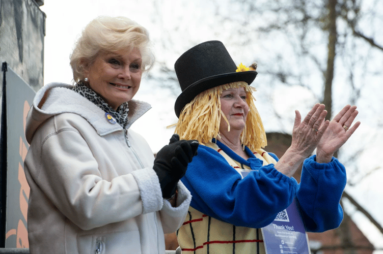 Reminiscence Learning patron Angela Rippon with charity chief executive Fiona Mahoney in 'Archie' costume.