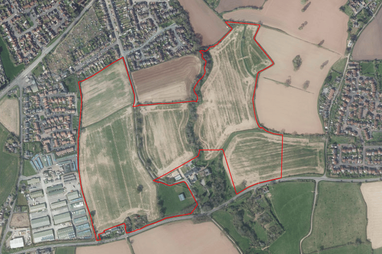 Red lines outline the land Persimmon Homes proposes to develop off Popes Lane, Rockwell Green.