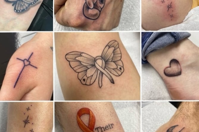 Tattoos which adult members of 'Team Danny' have had to show their connections to brain cancer sufferer Dan Wyatt. 