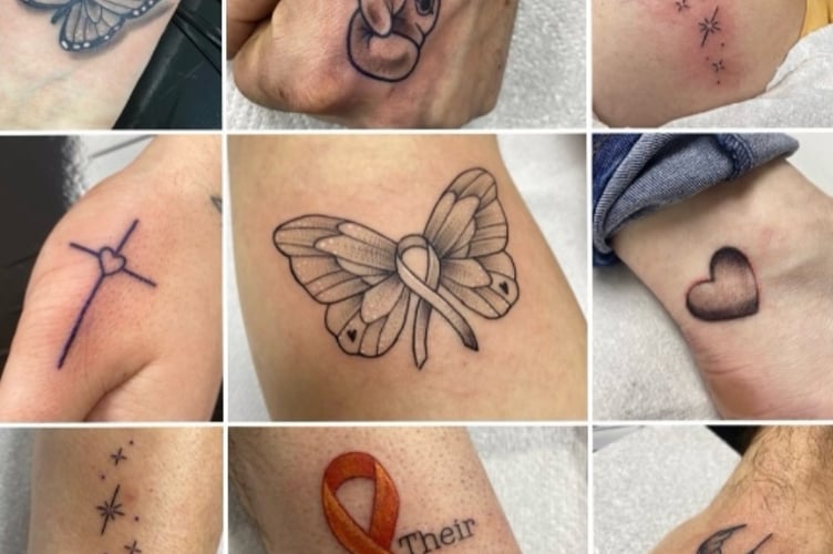 Tattoos which adult members of 'Team Danny' have had to show their connections to brain cancer sufferer Dan Wyatt. 