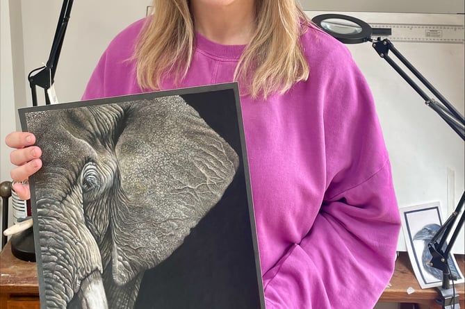 Sue Salter and her work 'African Elephant' for the Sketch for Survival Competition (Photo: Sue Salter)