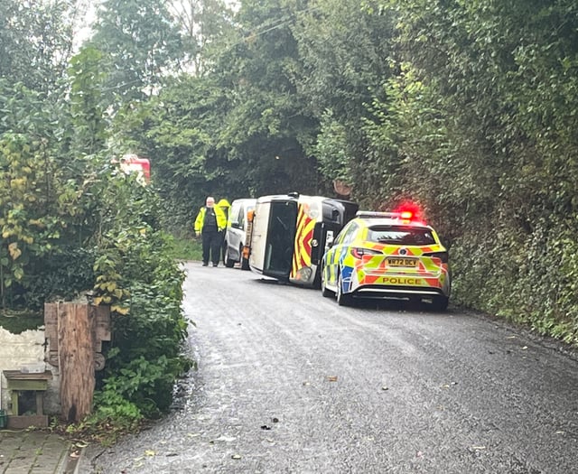 Police close road as van overturns near Wellington