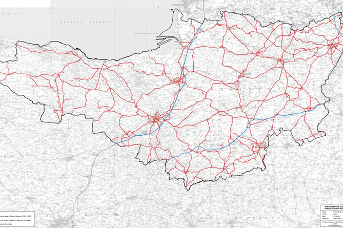 Map of all roads being gritted this winter by Somerset Council (red) and National Highways (blue)