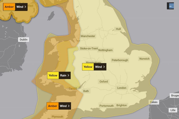 An amber weather warning will be in place for the West of England on Saturday