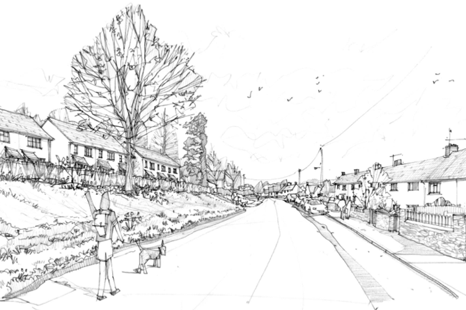 A drawing illustrating how new homes (on the left) proposed by Summerfield would look in the context of walking along North Street, Wiveliscombe. IMAGE: Reed Holland.