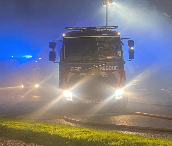 Fire crews from Wellington tackled a log cabin blaze near Uffculme in the early hours of Friday. PHOTO: DSFR.