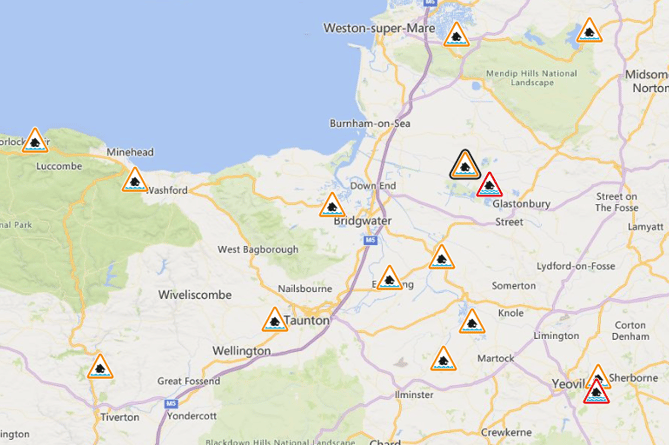 Map of flood warnings in Somerset