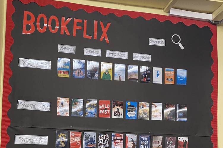 The Court Fields School 'Bookflix' board, recommending books to students across year groups as part of their 'digital detox'